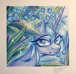 Size: 2886x2831 | Tagged: safe, artist:jsunlight, princess luna, alicorn, pony, g4, bust, female, flower, looking at you, mare, passepartout, portrait, signature, solo, traditional art