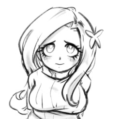 Size: 957x941 | Tagged: safe, artist:xilingjun, fluttershy, human, equestria girls, g4, breasts, busty fluttershy, clothes, female, looking up, monochrome, simple background, sketch, solo, sweater, sweatershy, white background