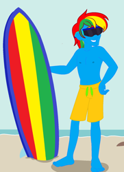 Size: 1082x1492 | Tagged: safe, artist:shieldwingarmorofgod, oc, oc:shield wing, human, equestria girls, g4, beach, glasses, male, surfboard, surfer, surfing, swimming trunks, swimsuit