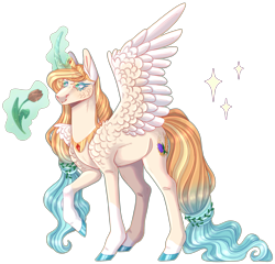 Size: 2992x2876 | Tagged: safe, artist:sleepy-nova, oc, oc only, oc:summer harvest, alicorn, pony, alicorn oc, art trade, blue eyes, coat markings, colored eyelashes, colored hooves, colored pinnae, cream coat, crown, curved horn, feather, feathered wings, female, female oc, flower, gradient mane, gradient tail, hooves, horn, jewelry, lacrimal caruncle, long horn, long mane, long tail, looking at something, magic, mare, mare oc, one wing out, outline, peytral, raised hooves, regalia, rose, shiny hooves, shiny mane, shiny tail, simple background, smiling, socks (coat markings), solo, spread wings, standing on three hooves, tail, tall ears, teal eyes, teal hooves, teal magic, telekinesis, three quarter view, tiara, transparent background, tulip, two toned eyelashes, wavy mane, wavy tail, wings