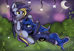 Size: 2360x1640 | Tagged: safe, artist:kristina, derpibooru exclusive, princess luna, oc, alicorn, pegasus, pony, g4, canon x oc, commission, couple, cute, duo, duo male and female, female, male, mare, moon, stallion, stars, straight, ych result