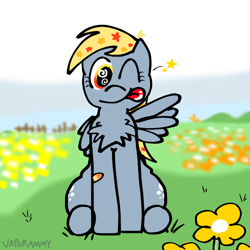 Size: 1280x1280 | Tagged: safe, artist:vaporammy, derpibooru exclusive, applejack, derpy hooves, pegasus, pony, g4, :p, background pony, bandaid, chest fluff, cloud, cloudy, ethereal mane, female, fence, field, flower, grass, grass field, mare, mountain, scenery, starry mane, stars, tongue out, wingding eyes, wingdings