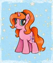 Size: 1744x2048 | Tagged: safe, artist:dariarchangel, oc, oc only, oc:dazha, pony, unicorn, g4, blue eyes, cute, female, hairband, headband, horn, mare, ocbetes, orange hair, orange mane, orange tail, pink coat, small horn, smiling, solo, standing, stars, tail, traditional art, unicorn oc