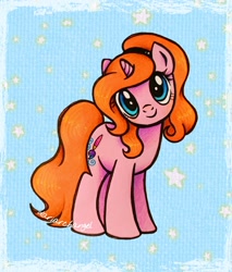 Size: 1744x2048 | Tagged: safe, artist:dariarchangel, oc, oc only, oc:dazha, pony, unicorn, g4, adorable face, blue eyes, cute, cute smile, female, hairband, horn, looking up, mare, ocbetes, orange hair, orange mane, orange tail, pink coat, small horn, smiling, solo, squee, standing, stars, tail, traditional art, unicorn oc