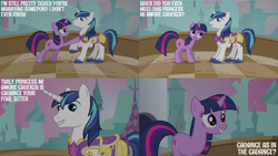 Size: 2000x1125 | Tagged: safe, edit, edited screencap, editor:quoterific, screencap, shining armor, twilight sparkle, pony, unicorn, a canterlot wedding, g4, season 2, canterlot, duo, duo male and female, female, horn, male, stallion