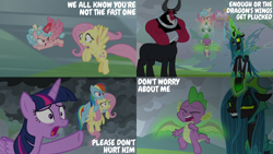 Size: 2000x1125 | Tagged: safe, edit, edited screencap, editor:quoterific, screencap, cozy glow, fluttershy, lord tirek, queen chrysalis, rainbow dash, spike, twilight sparkle, alicorn, centaur, changeling, changeling queen, dragon, pegasus, pony, taur, g4, season 9, the ending of the end, alicornified, cozycorn, race swap, twilight sparkle (alicorn), ultimate chrysalis, winged spike, wings