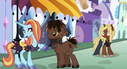 Size: 1024x558 | Tagged: safe, artist:6hellboy9, sassy saddles, oc, oc:kesha, pony, unicorn, g4, blushing, canterlot, clothes, cute, dress, female, horn, male, mare, ponified, stallion, trio