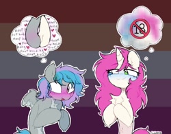 Size: 912x713 | Tagged: safe, alternate character, alternate version, artist:flixanoa, part of a set, oc, oc only, oc:bubblegum kiss, oc:virtuous hope, pegasus, pony, unicorn, :3, big eyes, blue blush, blue tail, blush lines, blush scribble, blushing, censored, chest fluff, colored belly, colored wings, colored wingtips, commission, duo, duo female, ear fluff, eye clipping through hair, eyebrows, eyebrows visible through hair, female, female oc, flag background, fluffy mane, flustered, freckles, gray coat, gray wingtips, green eyes, heterochromia, hock fluff, holding hooves, hoof blush, hooves together, horn, human shoulders, lesbian, lesbian pride flag, lewd, lewd thoughts, lidded eyes, long mane, looking at someone, looking away, mare, mare oc, multicolored background, nervous, nervous smile, oc x oc, open mouth, open smile, outline, pale belly, pegasus oc, pink mane, pink tail, pride, pride flag, raised eyebrow, shipping, shoulder fluff, signature, slender, small wings, smiling, smiling at someone, spread wings, striped background, sweat, tail, thick horn, thin, thinking, thought bubble, two toned mane, two toned wings, unicorn oc, wall of tags, wavy mouth, white coat, wings, ych result