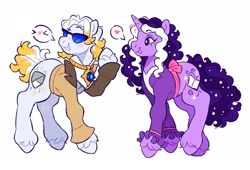 Size: 2846x1937 | Tagged: safe, artist:cocopudu, oc, oc only, oc:aviva, pony, unicorn, g2, blazer, blouse, blush lines, blushing, canon x oc, clothes, commission, couple, curly mane, curly tail, duo, duo male and female, ethereal mane, eyebrows, eyebrows visible through hair, eyeshadow, female, female oc, floating eyebrows, gordie (pokémon), horn, jacket, jewelry, long sleeved shirt, long sleeves, looking at someone, looking away, makeup, male, mare oc, necklace, non-mlp shipping, open mouth, open smile, pictogram, pokémon, ponified, ponified oc, profile, purple coat, purple eyes, purple eyeshadow, raised eyebrow, raised hoof, sash, shirt, simple background, smiling, smiling at someone, spoken heart, standing, standing on three hooves, starry eyes, starry mane, starry tail, straight, sunglasses, tail, three quarter view, three toned mane, two toned mane, two toned tail, unicorn horn, unicorn oc, unshorn fetlocks, wall of tags, watermark, white background, white coat, wingding eyes