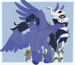 Size: 1500x1300 | Tagged: safe, artist:abbytabbys, part of a set, pegasus, pony, anime, armor, blaze (coat marking), blue background, blue coat, blue hooves, blue mane, blue tail, blue wingtips, boots, border, chestplate, clothes, coat markings, collar, colored hooves, colored wings, colored wingtips, costume, duality, facial markings, feathered wings, frown, glasses, gradient legs, gray eyes, helmet, hoof boots, hooves, large wings, looking back, looking down, male, motion lines, my hero academia, narrowed eyes, one wing out, open frown, open mouth, passepartout, ponified, quirked pony, requested art, shiny mane, shoes, short mane, simple background, solo, square glasses, standing, superhero costume, tail, tall ears, teenager, tenya iida, two toned wings, unshorn fetlocks, vambrace, wall of tags, wing fluff, wings