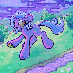 Size: 2771x2771 | Tagged: safe, artist:larvaecandy, oc, oc only, oc:stardust, classical unicorn, pony, unicorn, :3, beanbrows, big ears, big hooves, blue mane, blue tail, bush, cloud, cloven hooves, colored eyebrows, colored hooves, colored sclera, commission, cute, detailed background, digital painting, ear fluff, ear piercing, earring, eyebrows, eyelashes, female, female oc, flower, gauges, grass, helix piercing, high res, hoof heart, hooves, horn, industrial piercing, jewelry, leonine tail, mare, mare oc, night, no pupils, ocbetes, open mouth, open smile, piercing, ponysona, profile, purple coat, raised hoof, raised leg, river, smiling, solo, sparkly eyes, sparkly mane, sparkly tail, stars, tail, underhoof, unicorn oc, unshorn fetlocks, walking, water, wingding eyes, yellow eyes, yellow hooves, yellow sclera