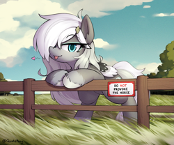 Size: 2705x2254 | Tagged: safe, alternate version, artist:quotepony, oc, oc only, oc:asbestos, pegasus, pony, :p, cloud, fence, grass, grass field, heart, leaning, leaning on fence, long mane, looking at you, outdoors, scenery, sfw version, sign, solo, text, tongue out, tree, unshorn fetlocks