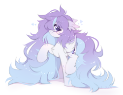 Size: 1662x1288 | Tagged: safe, artist:arisuyukita, oc, oc only, oc:butterfly effect, pegasus, pony, blushing, chest fluff, ear fluff, female, folded wings, hair over one eye, heart, leg fluff, long mane, long tail, looking at you, mare, pegasus oc, profile, raised hoof, raised leg, side view, simple background, smiling, smiling at you, solo, standing on two hooves, tail, white background, wings