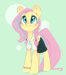 Size: 929x1053 | Tagged: safe, artist:melodylibris, fluttershy, pegasus, pony, g4, blushing, clothes, ear cleavage, female, folded wings, green background, long legs, mare, simple background, smiling, solo, tail, wings