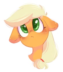 Size: 935x1070 | Tagged: safe, artist:melodylibris, applejack, earth pony, pony, g4, blushing, bust, female, floppy ears, freckles, mare, portrait, simple background, solo, white background