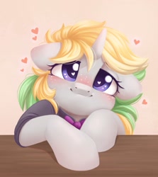 Size: 1141x1280 | Tagged: safe, artist:melodylibris, oc, oc only, oc:lemonswoosh, pony, unicorn, blushing, bowtie, clothes, commission, female, heart, heart eyes, horn, looking at you, mare, necktie, smiling, smiling at you, solo, unicorn oc, wingding eyes