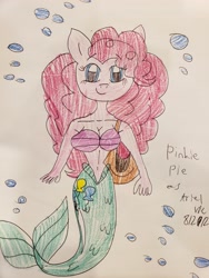 Size: 3024x4032 | Tagged: safe, artist:victheanimaldrawer, pinkie pie, mermaid, anthro, g4, bubble, drawing, female, fish tail, flowing tail, ocean, scales, solo, swimming, tail, the little mermaid, traditional art, underwater, water