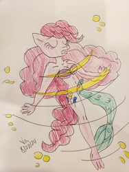 Size: 3024x4032 | Tagged: safe, artist:victheanimaldrawer, pinkie pie, mermaid, anthro, g4, bubble, drawing, female, fish tail, flowing tail, ocean, scales, solo, swimming, tail, the little mermaid, traditional art, transformation, underwater, water