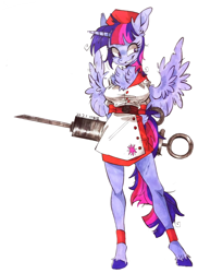 Size: 1682x2314 | Tagged: safe, artist:yeqingdai-952wolaopo, twilight sparkle, alicorn, anthro, g4, chest fluff, crazy smile, dark deception, female, mare, needle, nurse, nurse outfit, simple background, solo, spread wings, syringe, twilight sparkle (alicorn), white background, wings