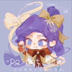 Size: 1080x1074 | Tagged: safe, artist:xinjinjumin718660644133, rarity, human, g4, bow, chibi, christmas decoration, commission, hair bow, humanized, light blue background, simple background, solo, text