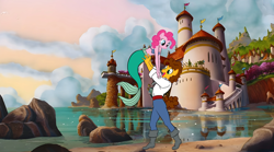 Size: 4000x2228 | Tagged: safe, artist:victheanimaldrawer, cheese sandwich, pinkie pie, earth pony, mermaid, merpony, pony, anthro, g4, belt, boots, canon ship, clothes, disney, female, fish tail, high heel boots, husband and wife, jeans, male, married couple, mermaid tail, pants, prince eric, princess ariel, puddle, rain, ship:cheesepie, shipping, shirt, shoes, splashing, stallion, straight, tail, the little mermaid, umbrella