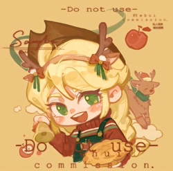 Size: 1080x1067 | Tagged: safe, artist:xinjinjumin718660644133, applejack, deer, human, reindeer, g4, antlers, apple, apple pie, bell, chibi, commission, food, humanized, pie, reindeer antlers, sample, simple background, solo, text, yellow background