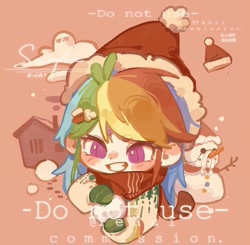 Size: 1080x1060 | Tagged: safe, artist:xinjinjumin718660644133, rainbow dash, human, g4, chibi, christmas, clothes, cloud, commission, grin, hat, holiday, humanized, orange background, sample, santa hat, scarf, simple background, smiling, snow, snowman, solo, sweater, text