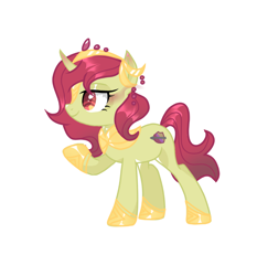 Size: 862x925 | Tagged: safe, artist:xinjinjumin672131853214, oc, oc only, pony, unicorn, g4, curved horn, female, filly, foal, fusion, fusion:apple bloom, fusion:king sombra, gradient ears, gradient horn, horn, jewelry, raised hoof, regalia, simple background, smiling, solo, unicorn oc, white background