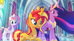 Size: 750x418 | Tagged: safe, artist:xinjinjumin672131853214, princess flurry heart, sunset shimmer, twilight sparkle, alicorn, pony, g4, alicornified, canterlot castle interior, concave belly, ethereal mane, ethereal tail, female, height difference, indoors, long mane, long tail, older, older flurry heart, older sunset, older twilight, older twilight sparkle (alicorn), physique difference, princess twilight 2.0, race swap, raised hoof, shimmercorn, slender, tail, tall, thin, trio, trio female, twilight sparkle (alicorn)