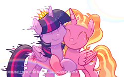 Size: 750x468 | Tagged: safe, artist:xinjinjumin672131853214, luster dawn, twilight sparkle, alicorn, pony, g4, alicornified, crown, duo, duo female, eye clipping through hair, eyebrows, eyebrows visible through hair, female, folded wings, horn, jewelry, lustercorn, mare, princess luster dawn, race swap, regalia, simple background, twilight sparkle (alicorn), white background, wings