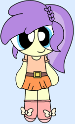 Size: 620x1019 | Tagged: safe, artist:julianarhian123, alula, pluto, human, equestria girls, g4, awwlula, background human, belt, blouse, closed mouth, clothes, cute, equestria girls-ified, female, humanized, lavender background, plutobetes, shirt, shoes, simple background, skirt, smiling, solo, style emulation, the powerpuff girls