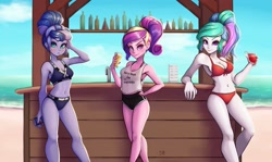 Size: 1682x1000 | Tagged: safe, alternate version, artist:the-park, princess cadance, princess celestia, princess luna, human, equestria girls, g4, bare shoulders, beach, belly, belly button, bikini, breasts, busty princess cadance, busty princess celestia, busty princess luna, clothes, drink, female, fit, ocean, pepsi, red bikini, sleeveless, slender, soda, swimsuit, thin, trio, trio female, vacation, water