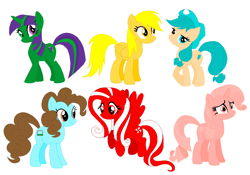 Size: 1228x860 | Tagged: safe, artist:julianarhian123, applejack, fluttershy, pinkie pie, rainbow dash, rarity, twilight sparkle, earth pony, pegasus, pony, unicorn, g4, horn, mane six, recolor, simple background, white background