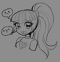 Size: 968x998 | Tagged: safe, artist:rileyav, sonata dusk, human, equestria girls, g4, bust, cute, female, gray background, grayscale, monochrome, open mouth, open smile, ponytail, simple background, smiling, solo, sonatabetes