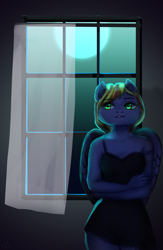 Size: 1536x2352 | Tagged: safe, artist:effervesket, oc, oc only, oc:jade spark, pegasus, anthro, blinds, clothes, dress, ears up, female, green eyes, lingerie, moon, moonlight, pegasus oc, solo, window, wings