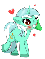 Size: 1387x1805 | Tagged: safe, artist:scandianon, lyra heartstrings, oc, oc:anon, pony, unicorn, g4, blush scribble, blushing, caress, dilated pupils, duo, female, happy, heart, horn, implied human, looking up, mare, one eye closed, petting, raised leg, simple background, smiling, white background