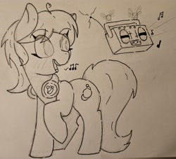 Size: 3302x3000 | Tagged: safe, artist:gean, lemon zest, parasprite, pony, g4, boombox, emanata, equestria girls ponified, grayscale, headphones, looking back, monochrome, music notes, ponified, traditional art