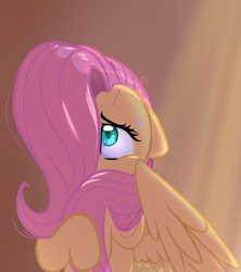 Size: 1282x1443 | Tagged: safe, artist:flutterbug18, fluttershy, pegasus, pony, g4, cute, female, floppy ears, hair over one eye, hiding behind mane, mare, shy, shyabetes, solo