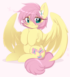 Size: 2888x3200 | Tagged: safe, artist:papilrux, fluttershy, pegasus, pony, g4, alternate hairstyle, butterfly eyes, cute, cutie mark eyes, female, high res, mare, short hair, short hair fluttershy, shyabetes, simple background, sitting, smiling, solo, spread wings, tail, wingding eyes, wings