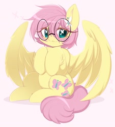 Size: 1848x2048 | Tagged: safe, alternate version, artist:papilrux, fluttershy, pegasus, pony, g4, alternate hairstyle, cute, cutie mark eyes, ear fluff, female, glasses, hairclip, leg fluff, mare, meganekko, short hair, short hair fluttershy, shyabetes, sitting, smiling, solo, spread wings, tail, wing fluff, wingding eyes, wings