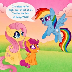 Size: 1500x1500 | Tagged: safe, artist:faelingmagic, fluttershy, rainbow dash, scootaloo, pegasus, pony, g4, female, filly, foal, mare, positive message, positive ponies, speech bubble, trio, trio female