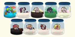 Size: 1754x875 | Tagged: oc name needed, safe, artist:chiefywiffy, oc, oc only, oc:mulberry merlot, oc:strawberry lemonade, earth pony, pegasus, unicorn, commission, female, horn, jar, lewd container meme, male, mare, stallion, ych result