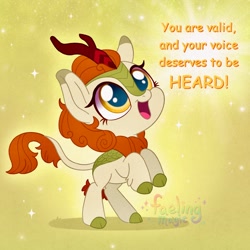 Size: 1500x1500 | Tagged: safe, artist:faelingmagic, autumn blaze, kirin, g4, chibi, cloven hooves, female, open mouth, positive message, positive ponies, solo