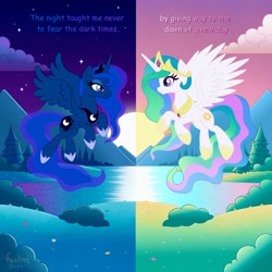 Size: 3000x3000 | Tagged: safe, artist:faelingmagic, princess celestia, princess luna, alicorn, pony, g4, day, duo, female, high res, looking at each other, looking at someone, mare, moon, moonlight, night, royal sisters, siblings, sisters, sun, sunlight, symmetrical, water