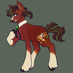 Size: 2000x2000 | Tagged: safe, artist:fhroggy, oc, oc only, oc:tourist trap, earth pony, pony, blaze (coat marking), brooch, brown coat, brown eyes, brown hooves, brown mane, brown tail, coat markings, collar, colored, colored pinnae, curly mane, curly tail, ear piercing, earring, earth pony oc, facial hair, facial markings, flat colors, jewelry, leg markings, looking back, male, male oc, narrowed eyes, piercing, ponytail, profile, raised hoof, signature, smiling, snip (coat marking), socks (coat markings), solo, stallion, standing, standing on three hooves, striped mane, striped tail, tail, thin, tied mane, unshorn fetlocks