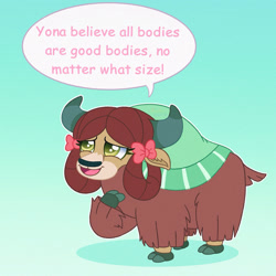 Size: 1500x1500 | Tagged: safe, artist:faelingmagic, yona, yak, g4, body positivity, bow, cloven hooves, fat, fat yona, female, gradient background, hair bow, mouthpiece, solo, speech bubble, strong fat