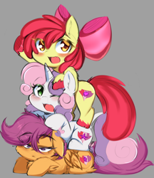 Size: 3546x4096 | Tagged: safe, artist:papilrux, apple bloom, scootaloo, sweetie belle, earth pony, pegasus, pony, unicorn, g4, adorabloom, apple bloom's bow, blushing, bow, cute, cutealoo, cutie mark crusaders, diasweetes, ear fluff, eyebrows, eyebrows visible through hair, female, filly, foal, gray background, hair bow, high res, hoof fluff, horn, leonine tail, lying down, messy mane, one eye closed, open mouth, pony pile, prone, scootaloo is not amused, simple background, tail, the cmc's cutie marks, tower of pony, trio, trio female, unamused, unshorn fetlocks, weapons-grade cute, wings