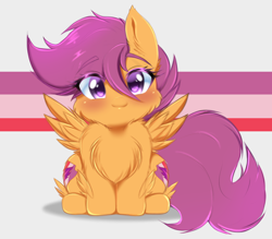 Size: 4096x3593 | Tagged: safe, artist:papilrux, scootaloo, pegasus, pony, g4, blushing, cheek fluff, chest fluff, cute, cutealoo, ear fluff, female, filly, fluffy, foal, high res, looking at you, sitting, smiling, smiling at you, solo, spread wings, tail, the cmc's cutie marks, wings