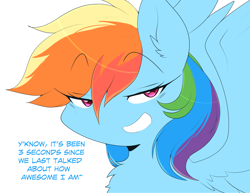 Size: 3756x2897 | Tagged: safe, artist:papilrux, rainbow dash, pegasus, pony, g4, chest fluff, ear fluff, eye clipping through hair, eyebrows, eyebrows visible through hair, female, grin, high res, looking at you, mare, rainbow dash being rainbow dash, simple background, smiling, smiling at you, smirk, solo, spread wings, talking to viewer, white background, wings