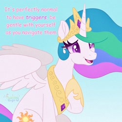 Size: 1500x1500 | Tagged: safe, artist:faelingmagic, princess celestia, alicorn, pony, g4, cute, cutelestia, female, gradient background, mare, mouthpiece, open mouth, positive ponies, solo, wholesome